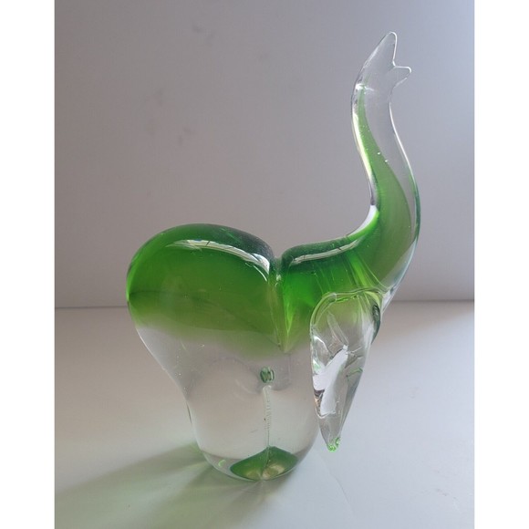 Art Glass Elephant  Vintage Green Murano Style  Figurine Trunk Up heavy 3 Lb 9" - Picture 5 of 11